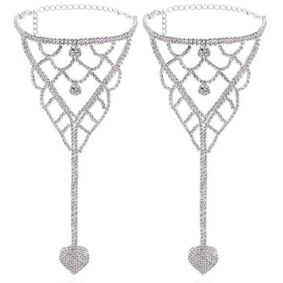 Silver and White Diamond Austrian Crystal Netted Anklet Foot Chains - Set of 2 - Picture 2 of 6